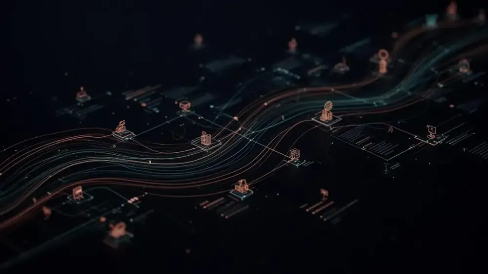 Interconnected operational workflows visualized as flowing data streams